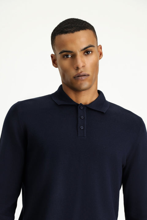 Dark Navy Polo Collar Regular Fit Cotton Knit Sweater