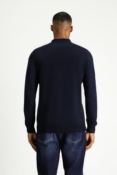 Dark Navy Polo Collar Regular Fit Cotton Knit Sweater