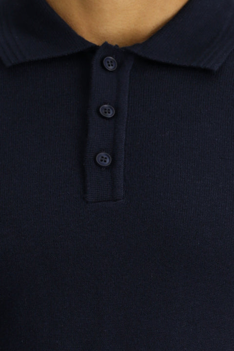 Dark Navy Polo Collar Regular Fit Cotton Knit Sweater