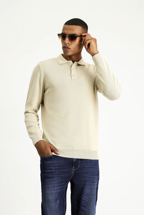 Orta Bej Polo Yaka Regular Fit Pamuklu Triko Kazak