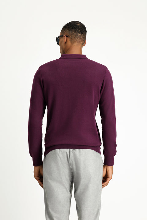 Koyu Bordo Polo Yaka Regular Fit Pamuklu Triko Kazak
