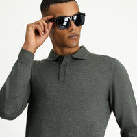 Dark Anthracite Melange Polo Collar Regular Fit Cotton Knit Sweater