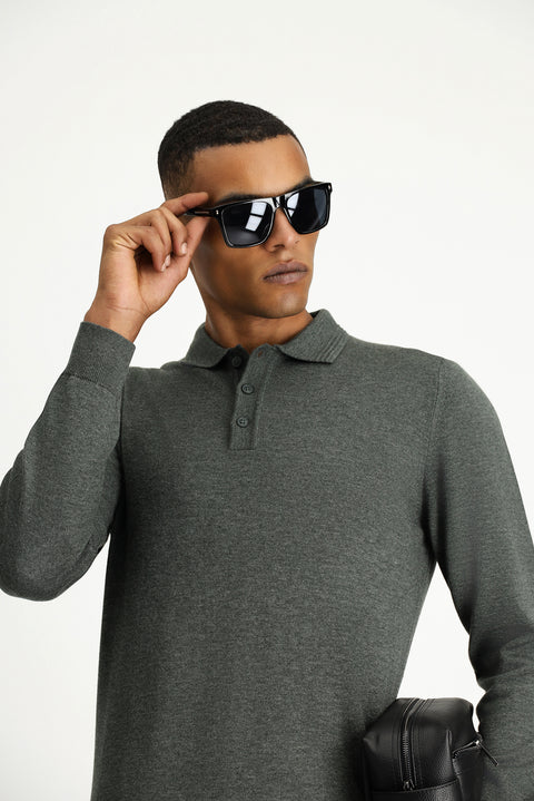 Dark Anthracite Melange Polo Collar Regular Fit Cotton Knit Sweater