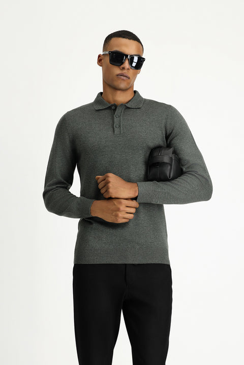 Dark Anthracite Melange Polo Collar Regular Fit Cotton Knit Sweater