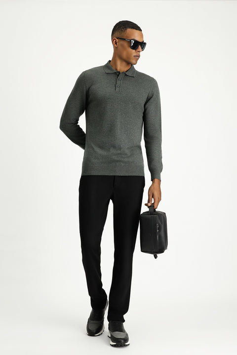 Dark Anthracite Melange Polo Collar Regular Fit Cotton Knit Sweater