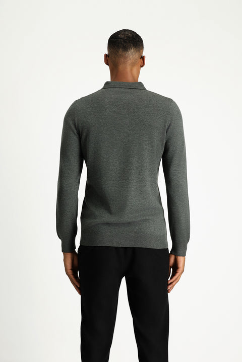Dark Anthracite Melange Polo Collar Regular Fit Cotton Knit Sweater