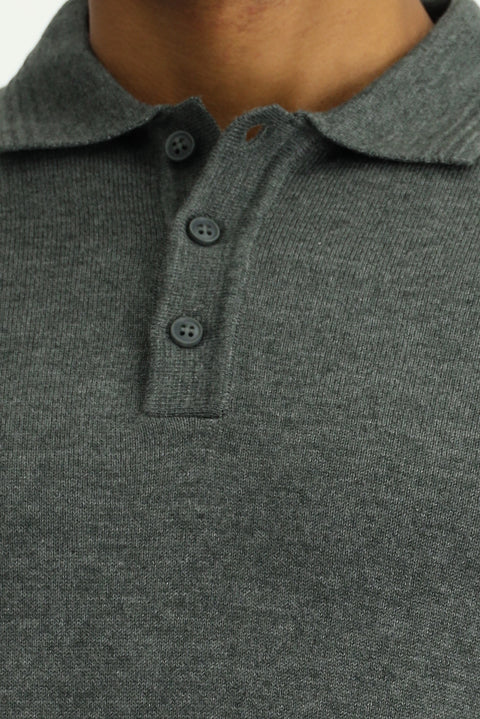 Dark Anthracite Melange Polo Collar Regular Fit Cotton Knit Sweater