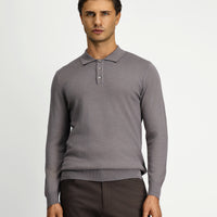 Medium Grey Melange Polo Collar Regular Fit Cotton Cashmere Knit Sweater