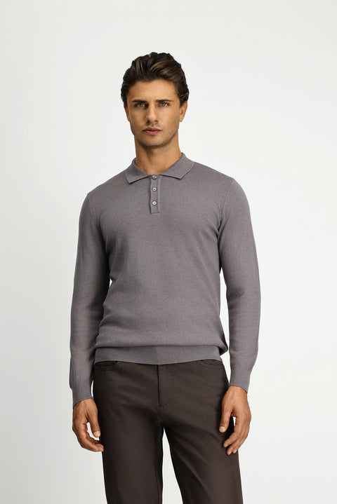 Medium Grey Melange Polo Collar Regular Fit Cotton Cashmere Knit Sweater