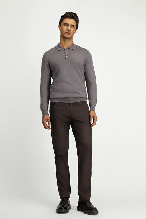 Medium Grey Melange Polo Collar Regular Fit Cotton Cashmere Knit Sweater