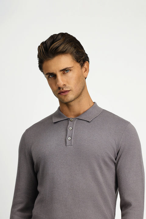 Medium Grey Melange Polo Collar Regular Fit Cotton Cashmere Knit Sweater
