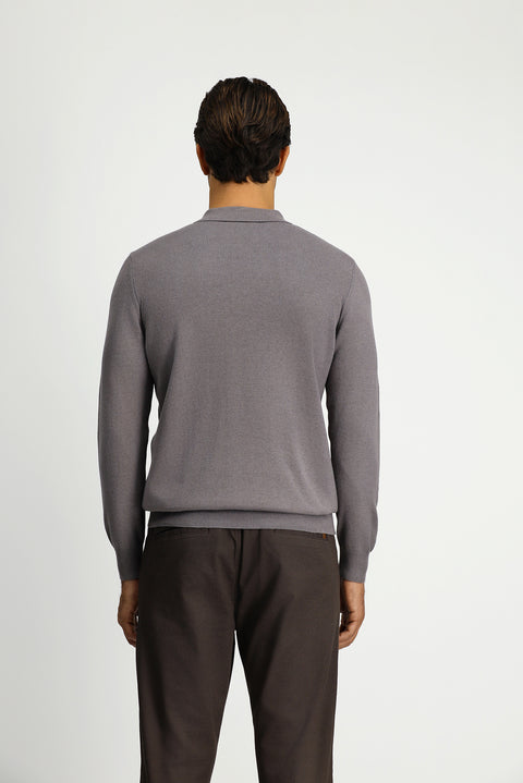 Medium Grey Melange Polo Collar Regular Fit Cotton Cashmere Knit Sweater