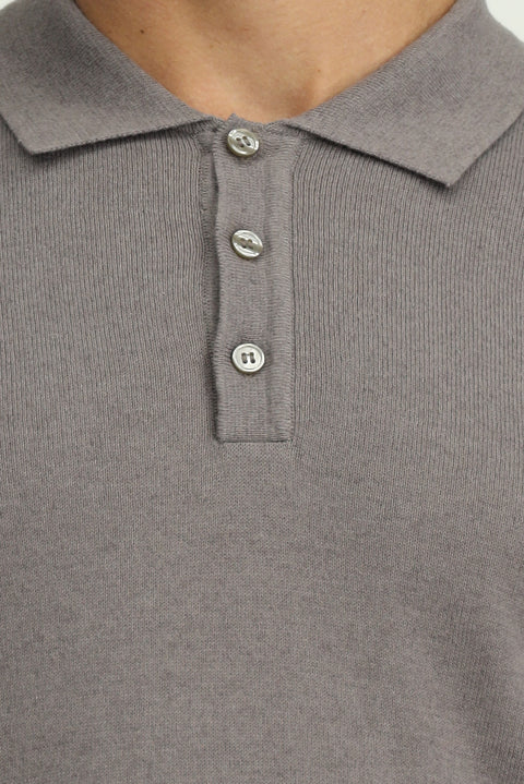Medium Grey Melange Polo Collar Regular Fit Cotton Cashmere Knit Sweater