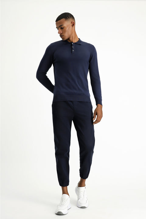 Dark Navy Polo Collar Regular Fit Cotton Cashmere Knit Sweater