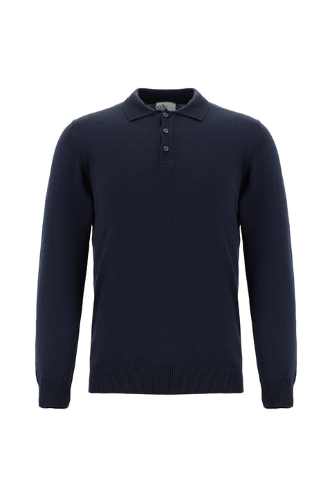 Dark Navy Polo Collar Regular Fit Cotton Cashmere Knit Sweater
