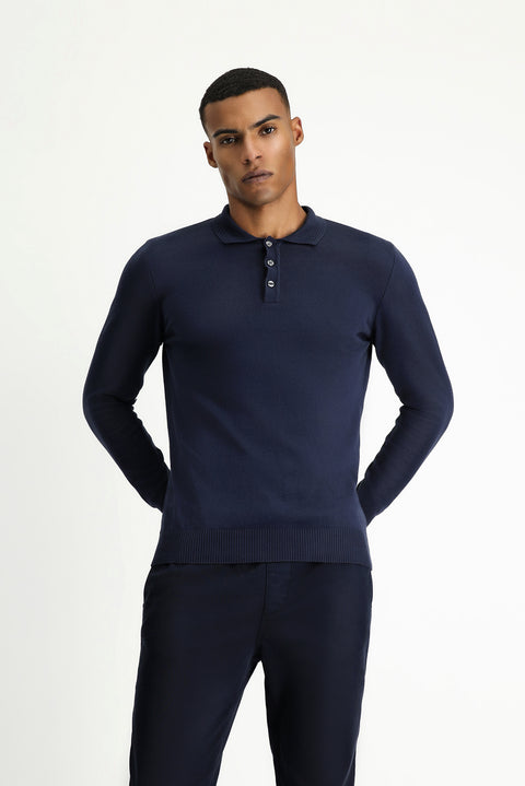 Dark Navy Polo Collar Regular Fit Cotton Cashmere Knit Sweater