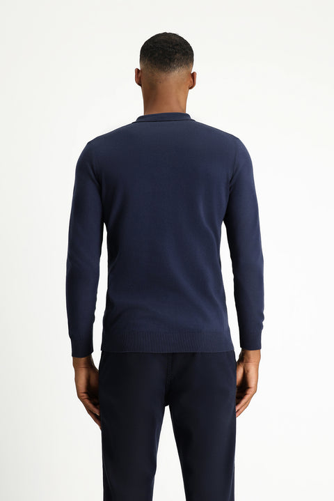 Dark Navy Polo Collar Regular Fit Cotton Cashmere Knit Sweater