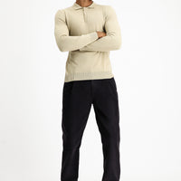 Medium Beige Polo Collar Regular Fit Cotton Cashmere Knit Sweater