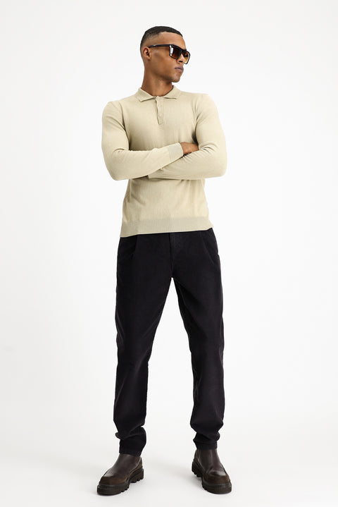 Medium Beige Polo Collar Regular Fit Cotton Cashmere Knit Sweater