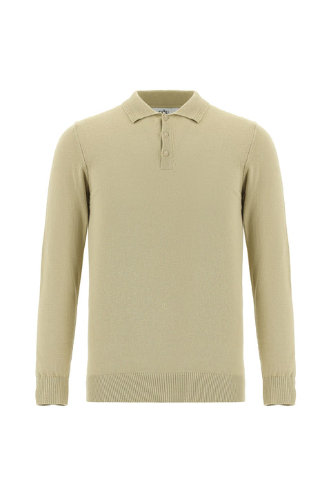 Medium Beige Polo Collar Regular Fit Cotton Cashmere Knit Sweater