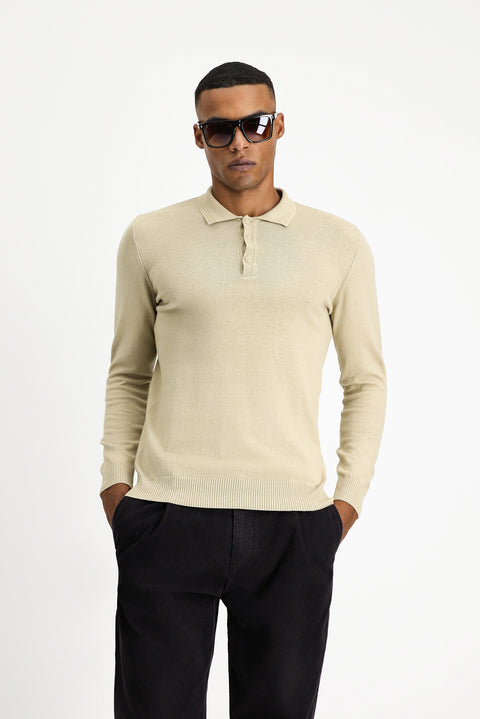 Medium Beige Polo Collar Regular Fit Cotton Cashmere Knit Sweater