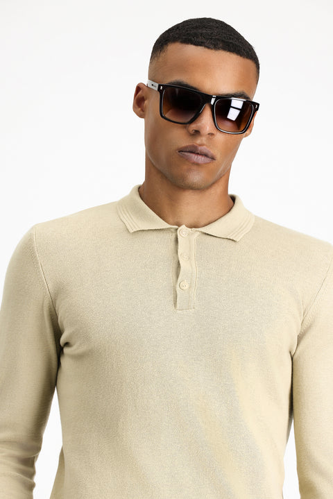 Medium Beige Polo Collar Regular Fit Cotton Cashmere Knit Sweater