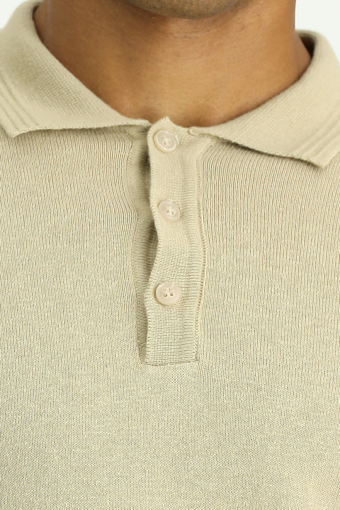 Medium Beige Polo Collar Regular Fit Cotton Cashmere Knit Sweater
