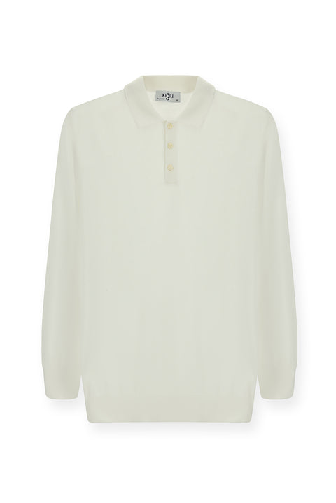 Off-White Polo Collar Regular Fit Cotton Cashmere Knit Sweater