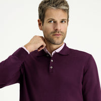 Dark Burgundy Polo Collar Regular Fit Cotton Cashmere Knit Sweater