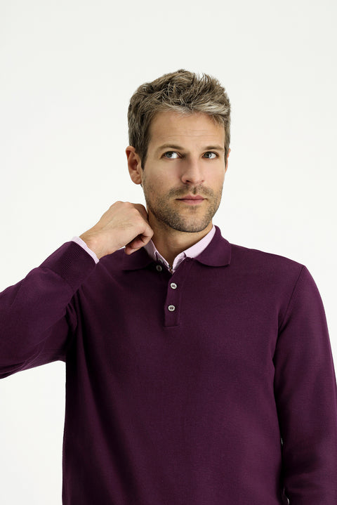Dark Burgundy Polo Collar Regular Fit Cotton Cashmere Knit Sweater
