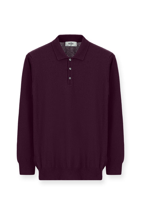 Dark Burgundy Polo Collar Regular Fit Cotton Cashmere Knit Sweater