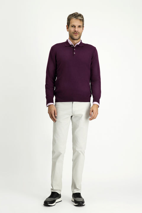 Dark Burgundy Polo Collar Regular Fit Cotton Cashmere Knit Sweater