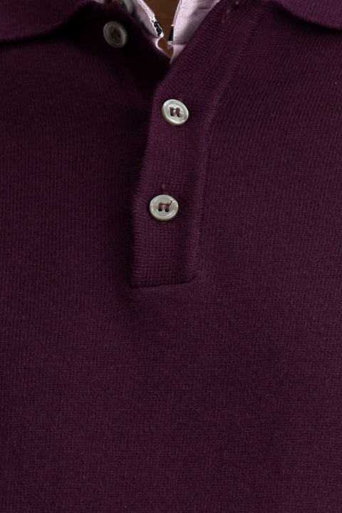 Dark Burgundy Polo Collar Regular Fit Cotton Cashmere Knit Sweater