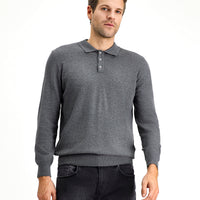 Medium Anthracite Melange Polo Collar Regular Fit Cotton Cashmere Knit Sweater