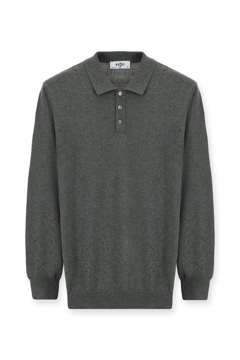 Medium Anthracite Melange Polo Collar Regular Fit Cotton Cashmere Knit Sweater
