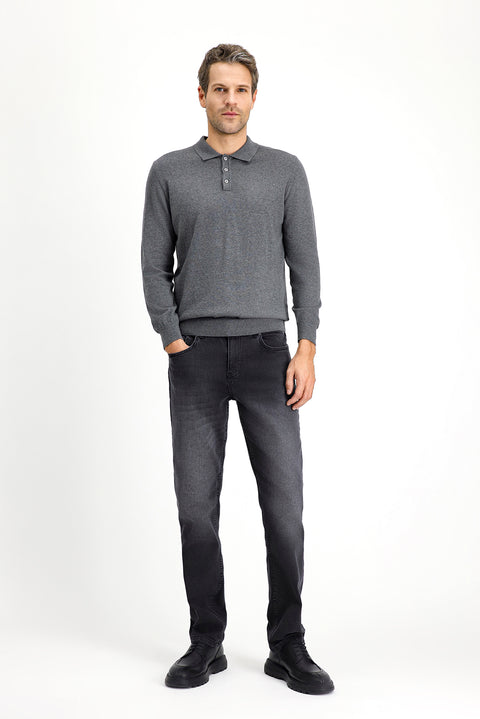 Medium Anthracite Melange Polo Collar Regular Fit Cotton Cashmere Knit Sweater