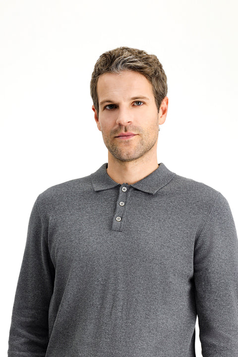 Medium Anthracite Melange Polo Collar Regular Fit Cotton Cashmere Knit Sweater