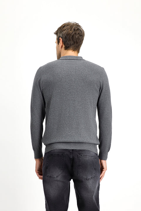 Medium Anthracite Melange Polo Collar Regular Fit Cotton Cashmere Knit Sweater