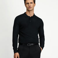 Black Polo Collar Button-Down Regular Fit Warm Wool Knit Sweater