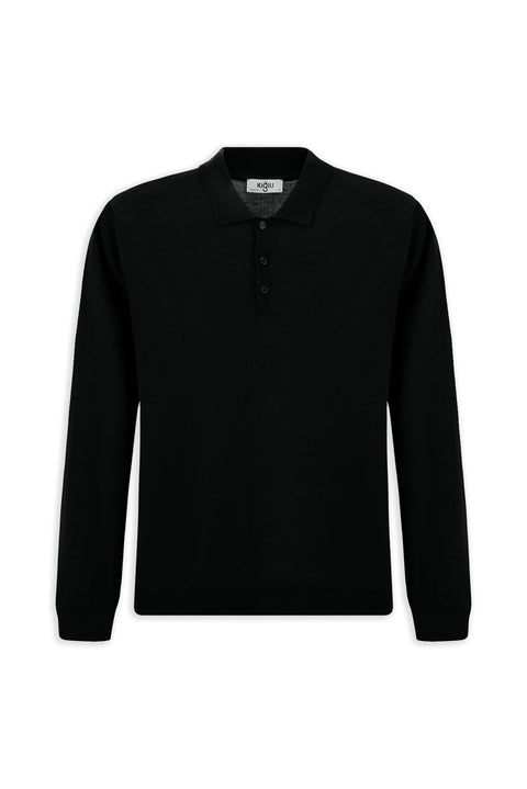 Black Polo Collar Button-Down Regular Fit Warm Wool Knit Sweater