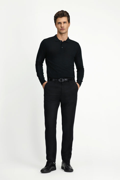 Black Polo Collar Button-Down Regular Fit Warm Wool Knit Sweater