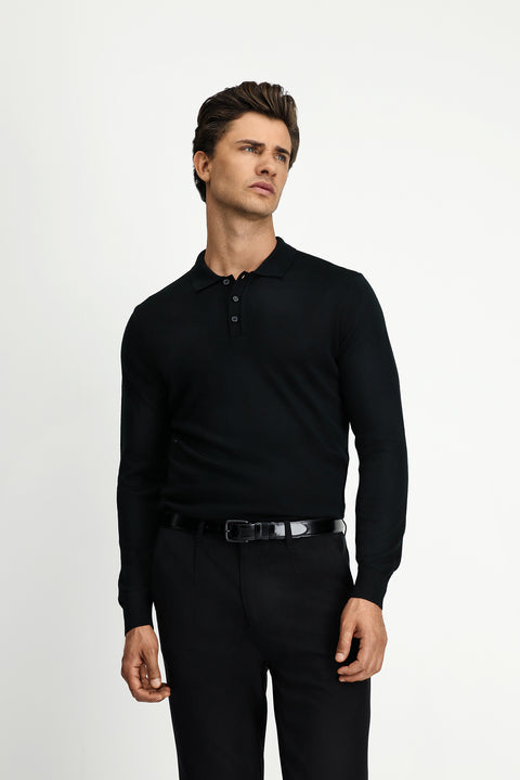 Black Polo Collar Button-Down Regular Fit Warm Wool Knit Sweater
