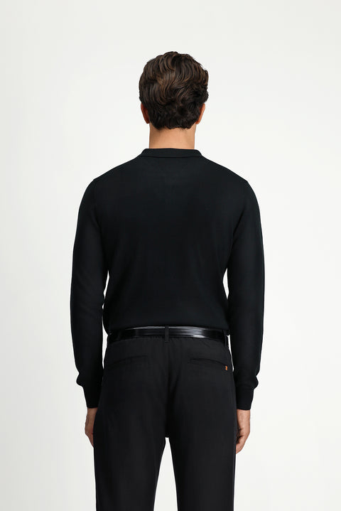 Black Polo Collar Button-Down Regular Fit Warm Wool Knit Sweater
