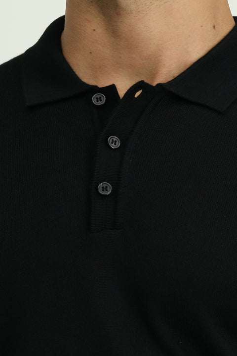 Black Polo Collar Button-Down Regular Fit Warm Wool Knit Sweater