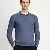 Indigo Melange Polo Collar Button-Down Regular Fit Warm Wool Knit Sweater