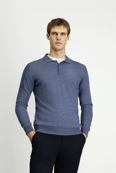 Indigo Melange Polo Collar Button-Down Regular Fit Warm Wool Knit Sweater