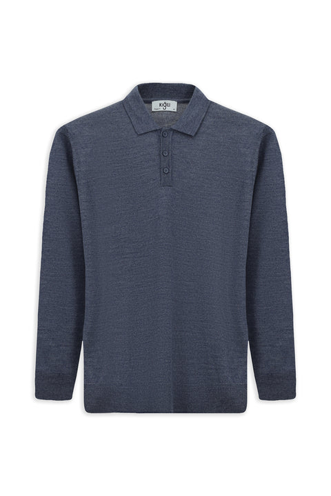 Indigo Melange Polo Collar Button-Down Regular Fit Warm Wool Knit Sweater