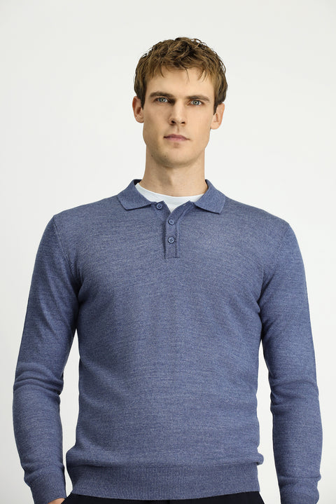 Indigo Melange Polo Collar Button-Down Regular Fit Warm Wool Knit Sweater