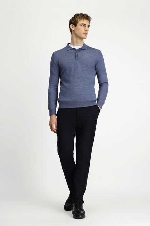 Indigo Melange Polo Collar Button-Down Regular Fit Warm Wool Knit Sweater