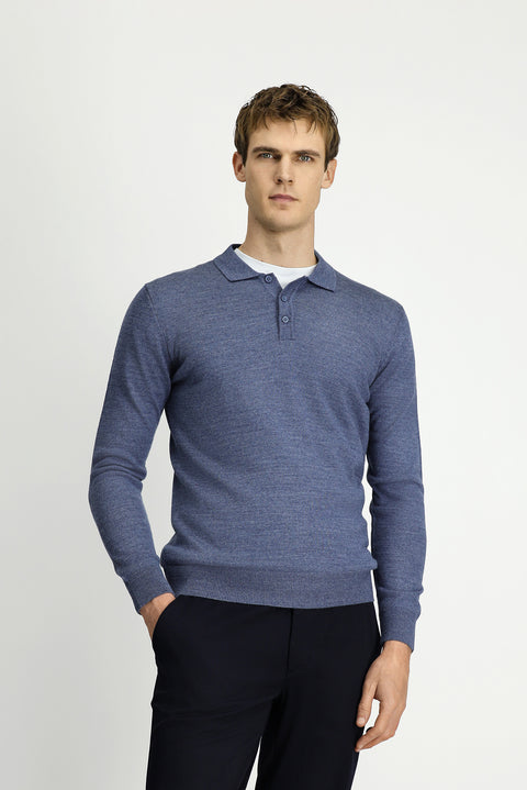 Indigo Melange Polo Collar Button-Down Regular Fit Warm Wool Knit Sweater